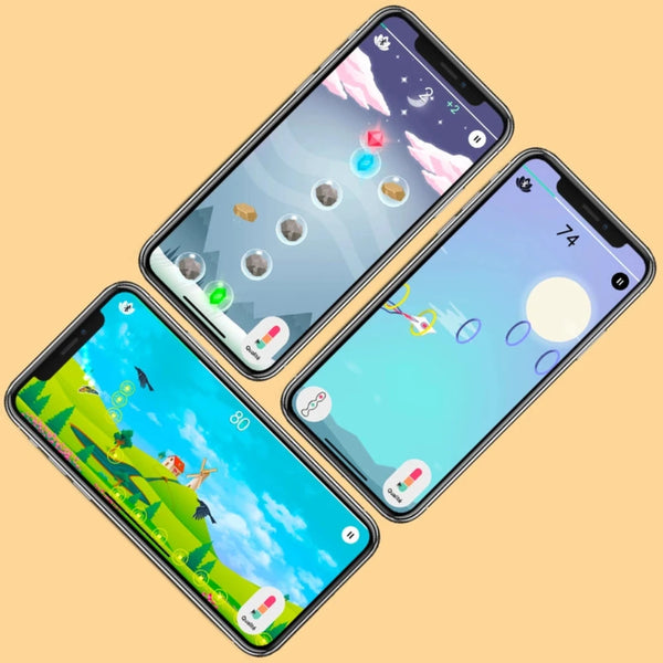 Three smartphones display colorful games—featuring a bird flying, gliding, or passing through rings—inspired by pelvic floor strengthening apps like the Perifit Kegel Exerciser by Perifit.