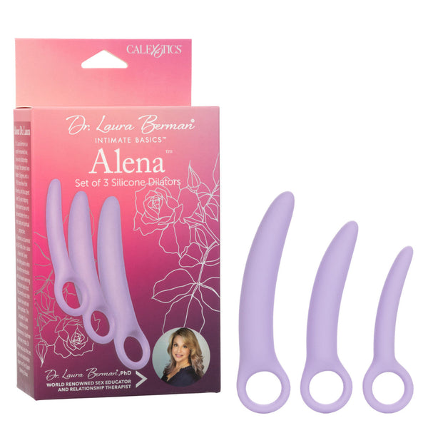A beginner-friendly set of three lavender silicone vaginal dilators with finger loops, from Calexotics, shown with pink and purple packaging labeled "Dr. Laura Berman® Alena™ Set of 3 Silicone Vaginal Dilators - Small Set.