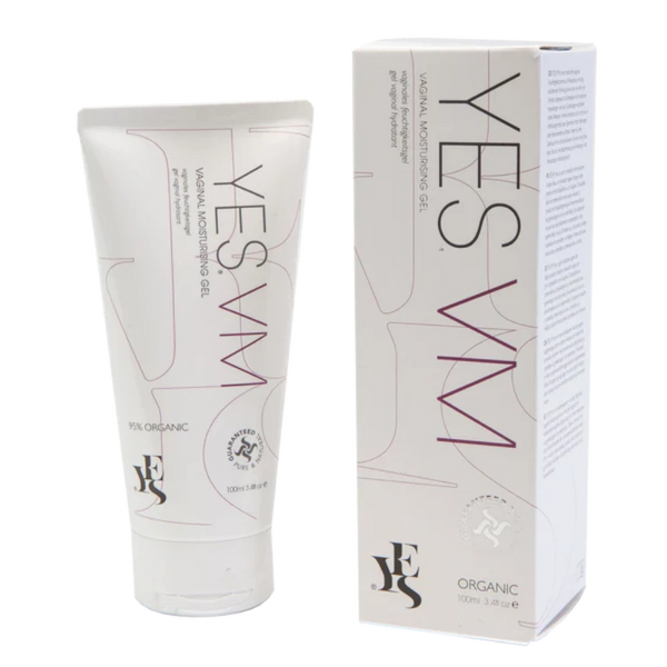A tube and box of YES® VM Vaginal Moisturiser Gel by YES®, featuring minimalistic white packaging with purple text that emphasizes its organic, natural vaginal health benefits and displays the product name and branding.