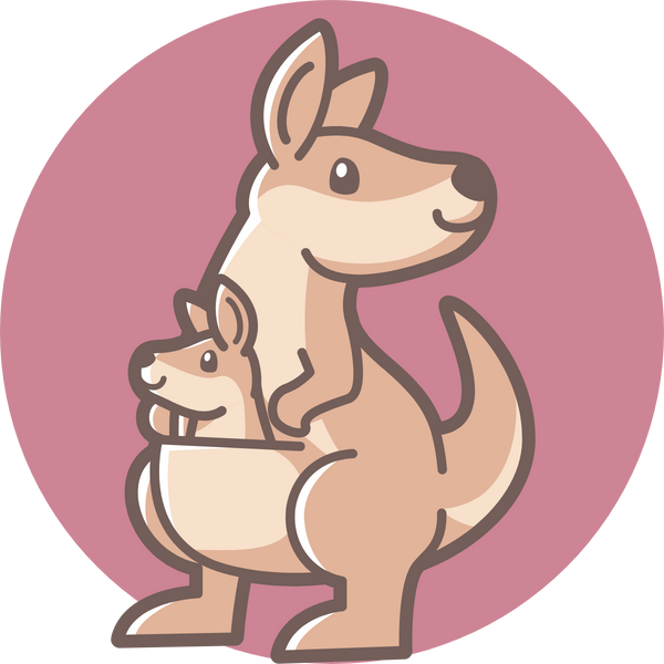 A cartoon image of a brown kangaroo with a joey in its pouch in front of a pink background. Symbolising supporting Australian brands.