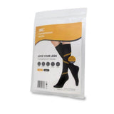 A retail package of SRC Compression Socks for Women from SRC Health displayed against a white background. The package features an image of the black knee-high socks being worn, various size and color options, and the text