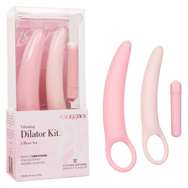 The Calexotics Inspire Vibrating Dilator Kit 3-Piece Set includes two pink silicone curved dilators with finger loops and a bullet vibrator, ideal for pelvic floor therapy. Shown in and out of box highlighting gentle vibration features.