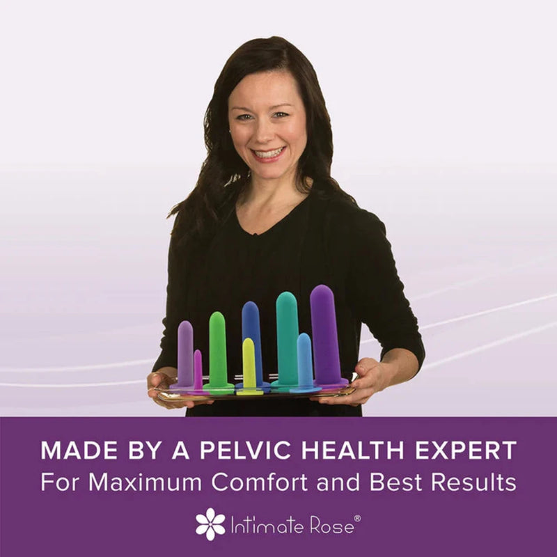 A smiling woman holds the Intimate Rose - Silicone Vaginal Dilators, a small set of colorful pelvic health devices crafted from medical-grade silicone in various sizes. The text reads, "Made by a pelvic health expert for maximum comfort and best results." At the bottom, the brand name "Intimate Rose" is displayed.