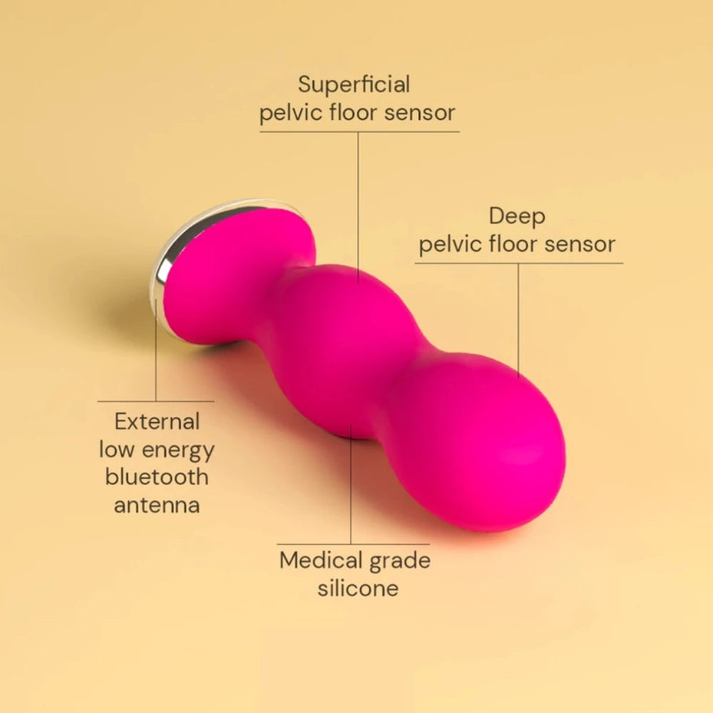 The Perifit Kegel Exerciser – Smart Pelvic Floor Trainer by Perifit is a pink, medical grade silicone device with superficial and deep pelvic floor sensors plus a low energy Bluetooth antenna, set against a beige background.