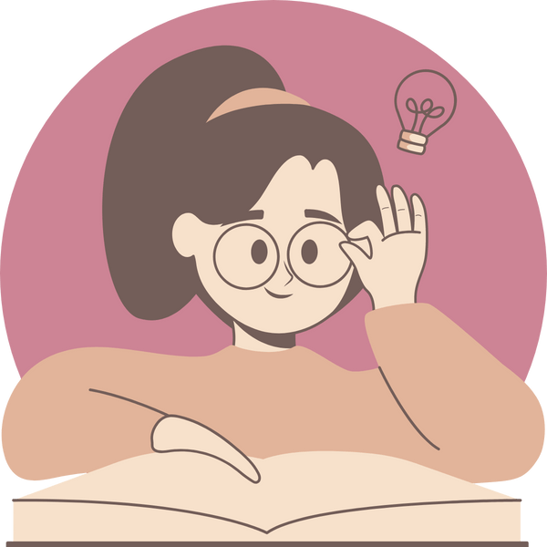 A cartoon lady with brown hair and glasses reading a book. She is wearing a beige shirt and there is a pink background. A lightbulb is beside her head indicating a lightbulb moment due gaining knowledge with education.