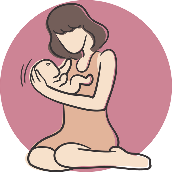 Illustration of a person with short hair sitting on their knees, gently cradling a baby in their arms. The background is a pink circle, and both individuals are depicted with simple, minimalist lines.