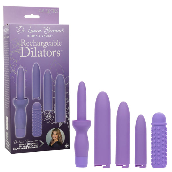 The Calexotics Dr. Laura Berman® Rechargeable Vibrating Vaginal Dilator Set (4 Sizes + Sleeve) in purple is shown by its branded packaging, featuring Dr. Laura Berman and promoting pelvic wellness benefits.