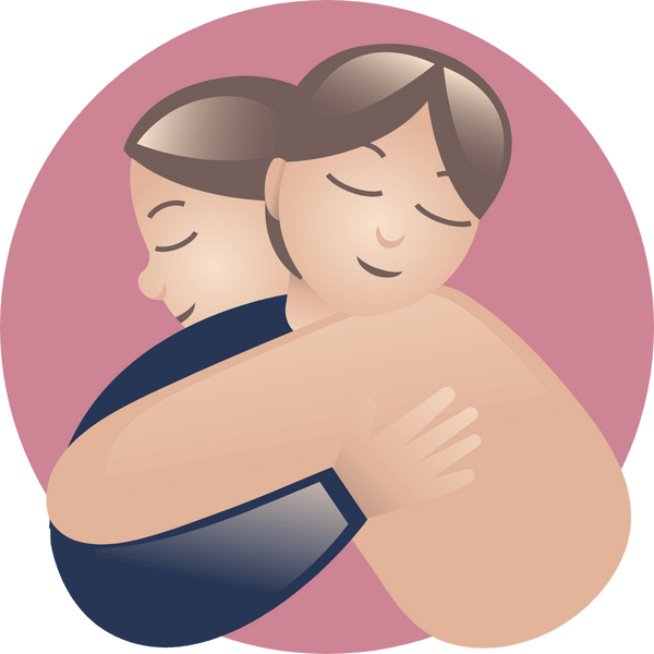 Illustration of two people hugging with their eyes closed, expressing affection and warmth. One is shirtless while the other wears a dark long-sleeve shirt. The background is a pink circle.