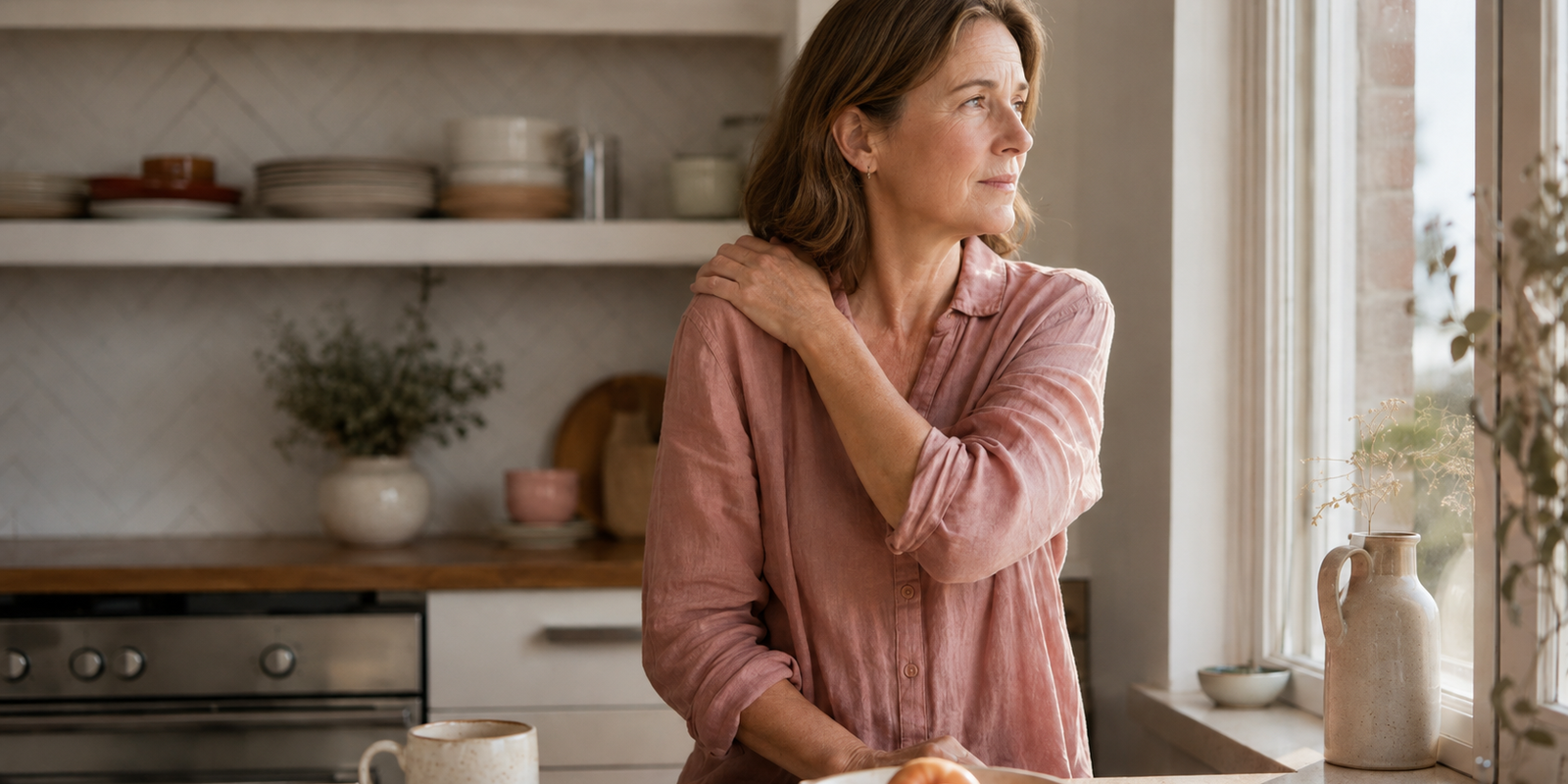 A woman in her forties easing her shoulder while standing at a kitchen bench in morning light