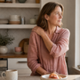 A woman in her forties easing her shoulder while standing at a kitchen bench in morning light