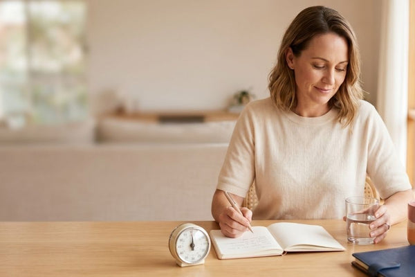 Woman at home noting bladder retraining times in a journal with a glass of water and a timer on the table