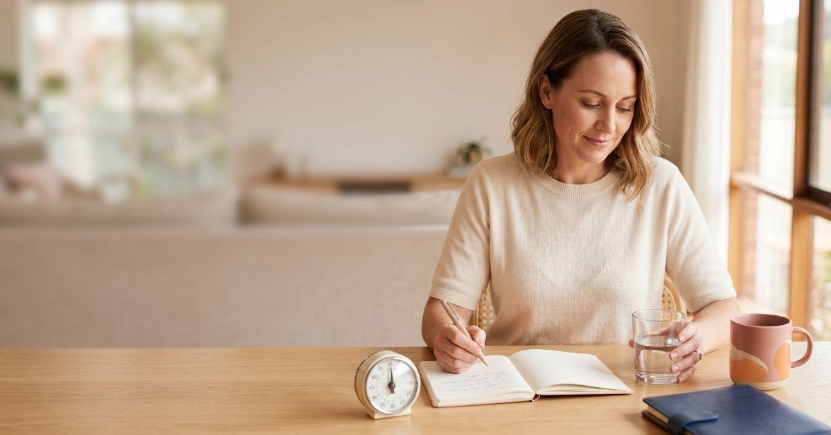 Woman at home noting bladder retraining times in a journal with a glass of water and a timer on the table