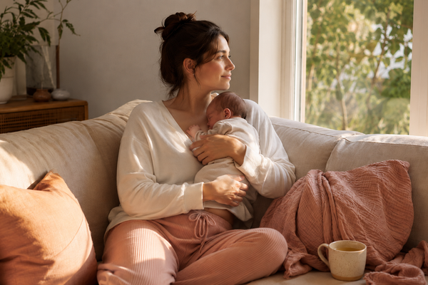 A new mother sitting on a linen sofa by a window in soft morning light, gently cradling her sleeping newborn, calm and unhurried at home