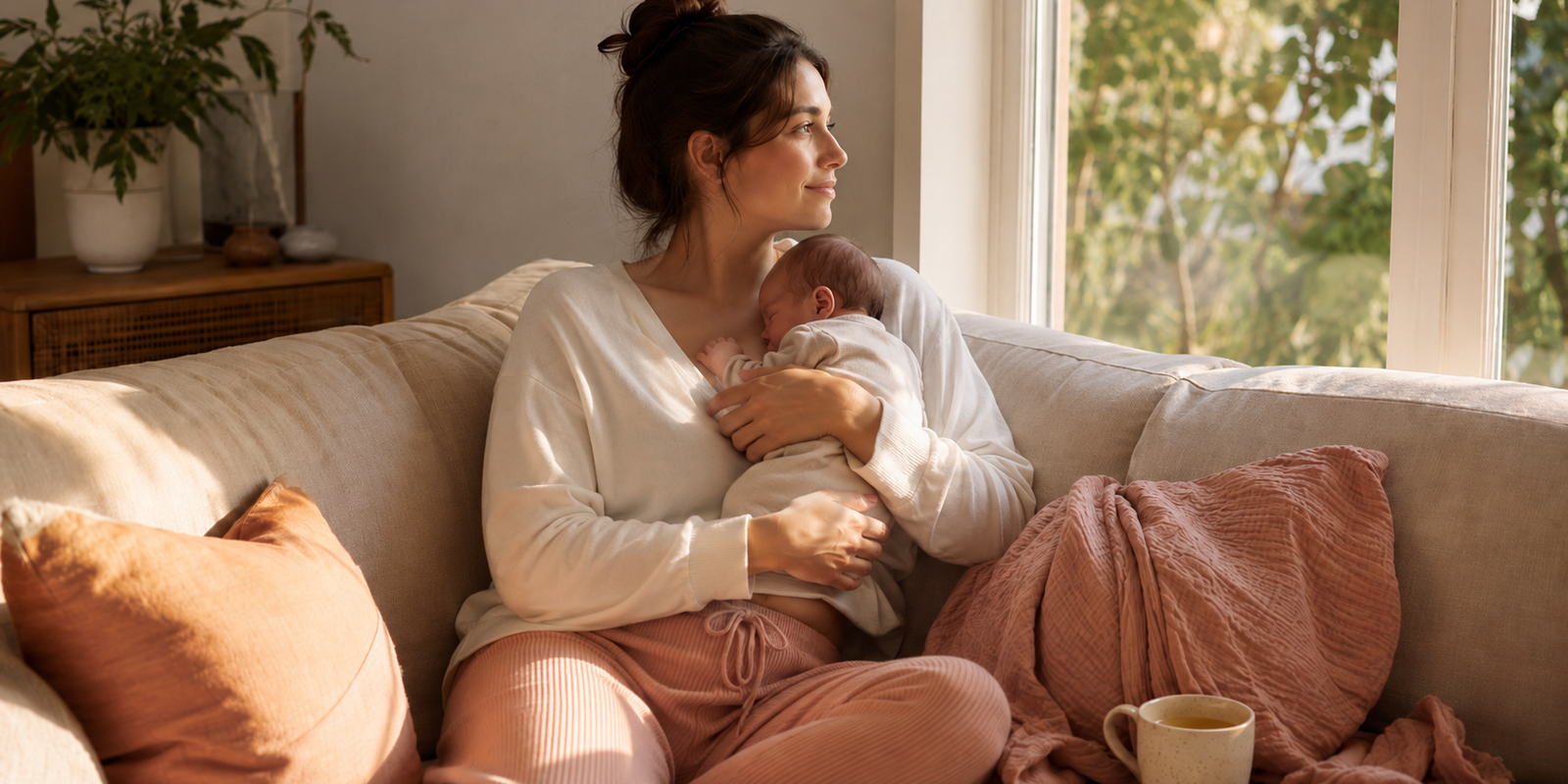 A new mother sitting on a linen sofa by a window in soft morning light, gently cradling her sleeping newborn, calm and unhurried at home