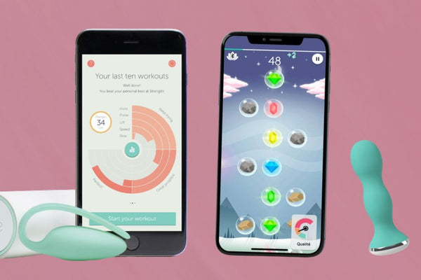 Two smartphones showing the Perifit and Elvie pelvic floor trainer apps beside a teal silicone trainer on a pink background