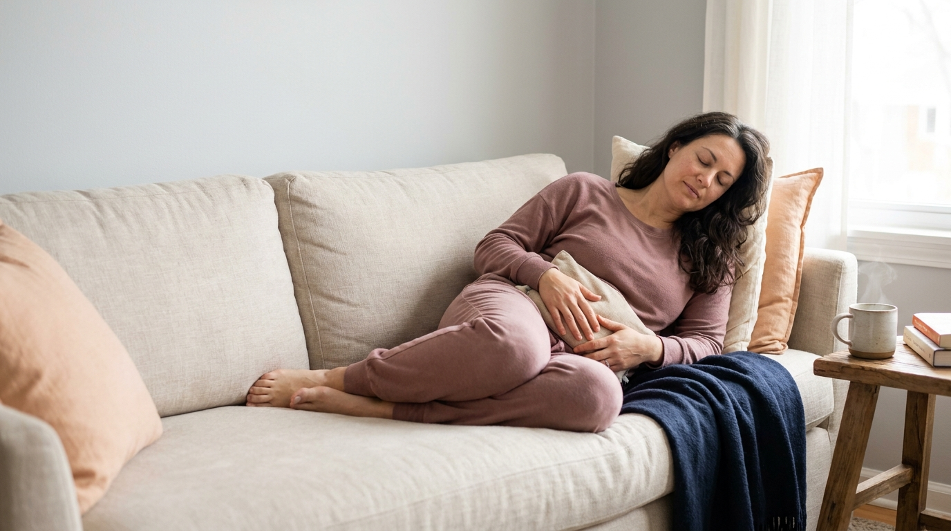 Australian woman resting on a sofa at home holding a warm heat pack against her lower abdomen to ease pelvic pain