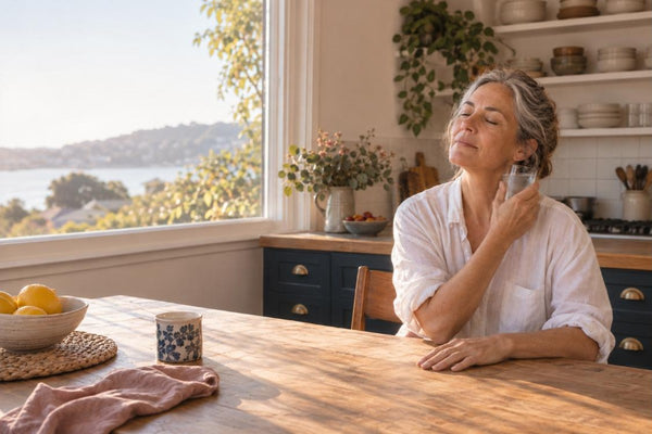 Woman around 50 sitting at a sunlit kitchen table at home, eyes closed, holding a glass of cold water against her neck