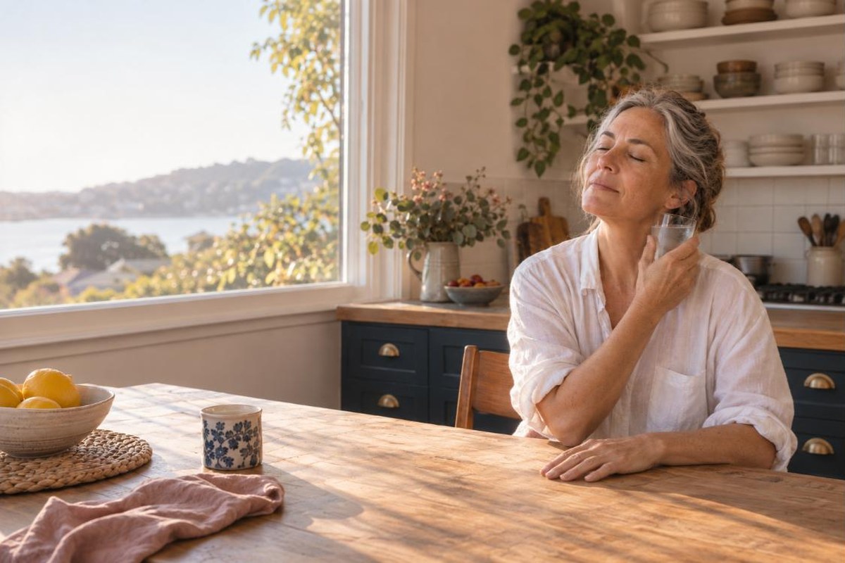 Woman around 50 sitting at a sunlit kitchen table at home, eyes closed, holding a glass of cold water against her neck