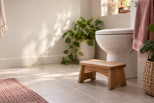 A small timber footstool on the tiled floor beside a white toilet in a sunlit bathroom, with a pothos plant and a dusty-pink towel