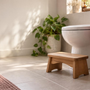 A small timber footstool on the tiled floor beside a white toilet in a sunlit bathroom, with a pothos plant and a dusty-pink towel