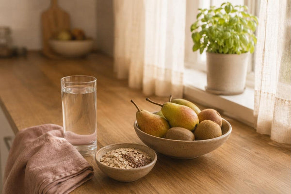 Glass of water, bowl of pears and kiwifruit and a bowl of oats with linseed on a sunlit kitchen bench