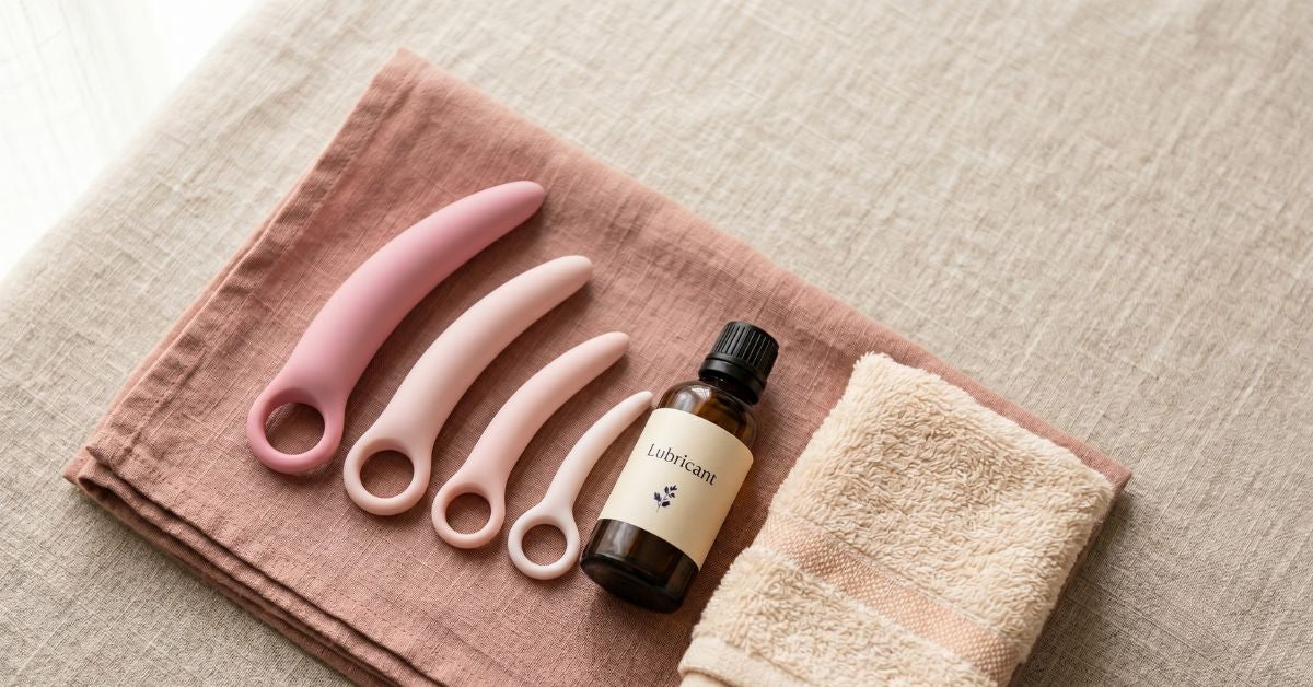 Graduated set of silicone vaginal dilators arranged small to large on linen beside lubricant and a towel for at-home use