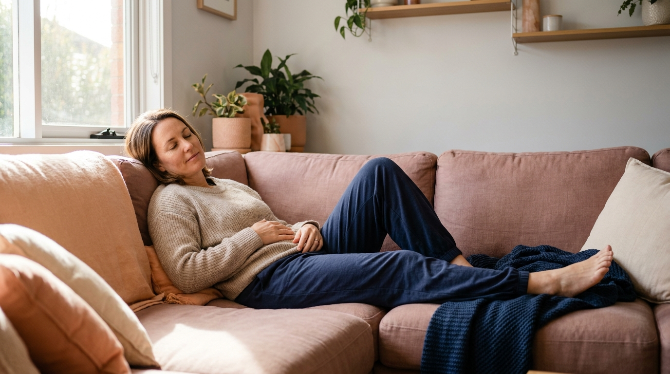 Australian woman reclining calmly on a linen sofa at home, eyes closed and shoulders relaxed, easing pelvic floor tension