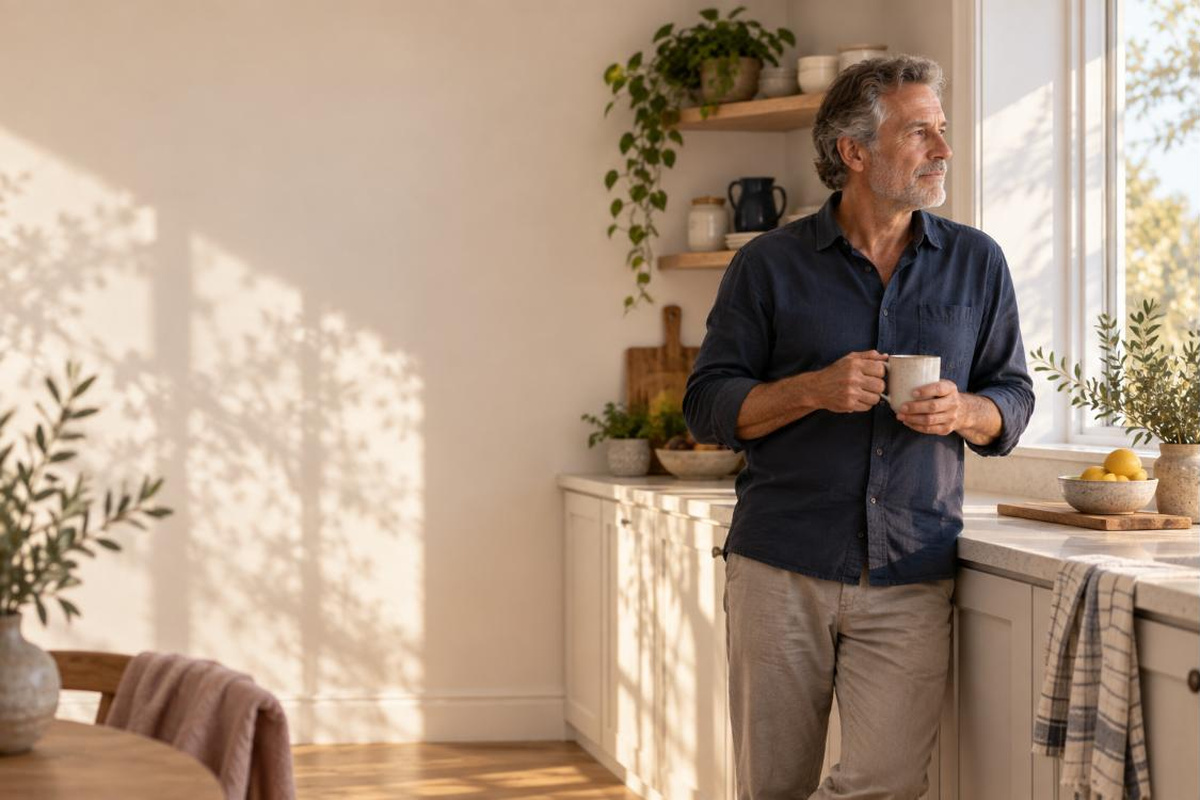 A man in his sixties standing in a sunlit home kitchen, holding a mug of tea and looking out the window.