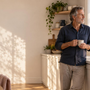 A man in his sixties standing in a sunlit home kitchen, holding a mug of tea and looking out the window.