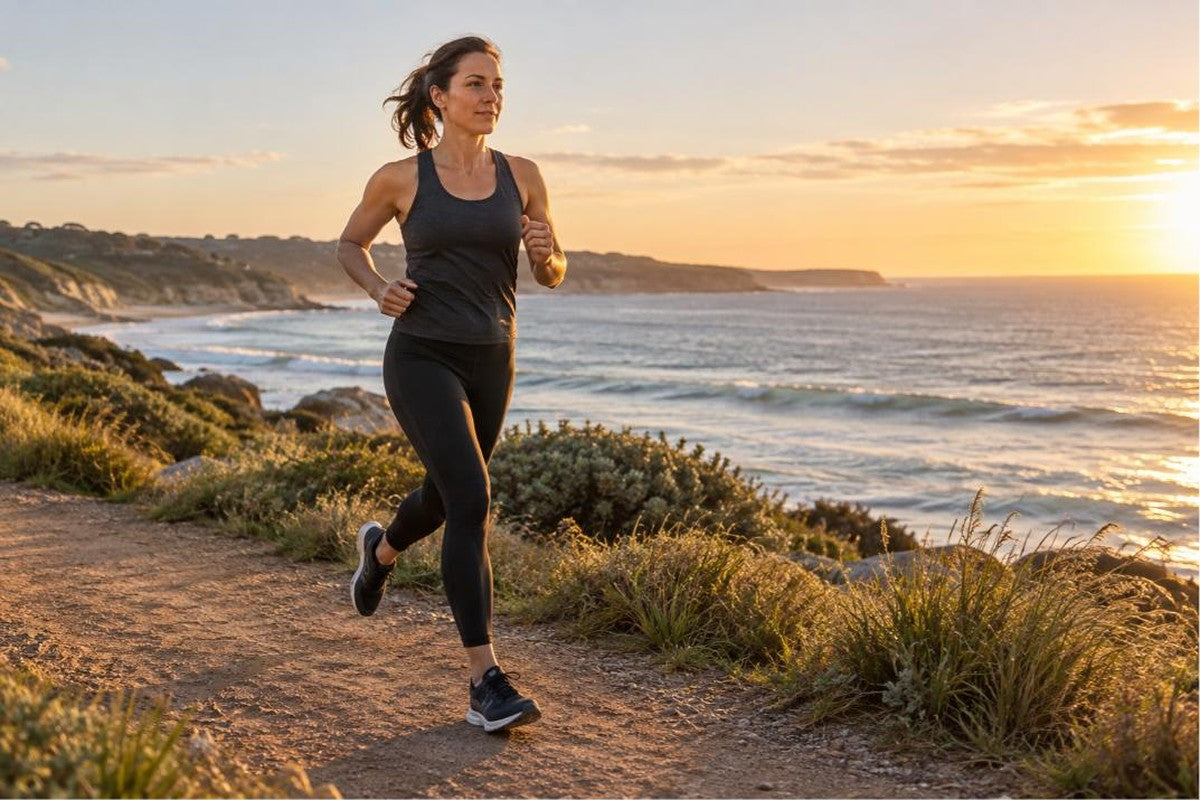 Woman running on a coastal path at sunrise, leaking when running is common and treatable