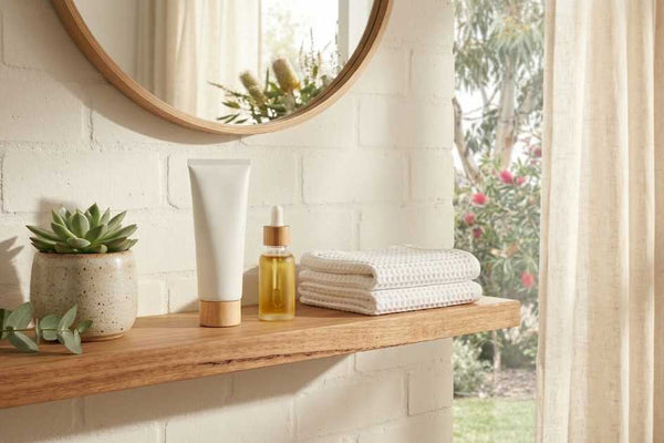 Bathroom shelf with a plain cosmetic tube, an amber dropper bottle, folded towels and a succulent below a round mirror