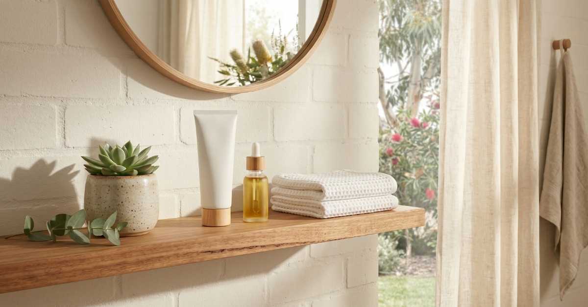 Bathroom shelf with a plain cosmetic tube, an amber dropper bottle, folded towels and a succulent below a round mirror