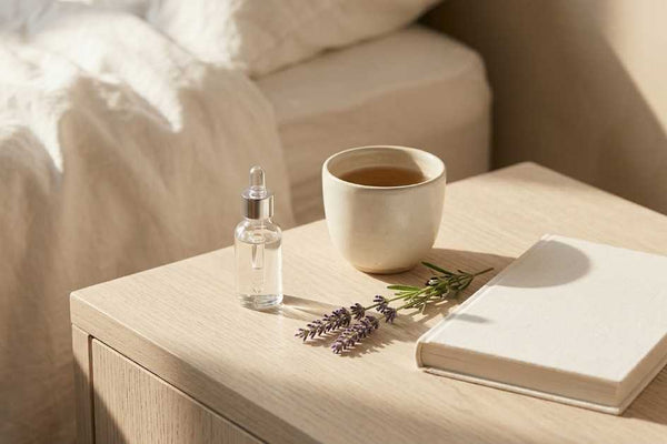 Bedside table with skincare products, a mug and a book — menopause lubricant guide from Blossom Pelvic Health