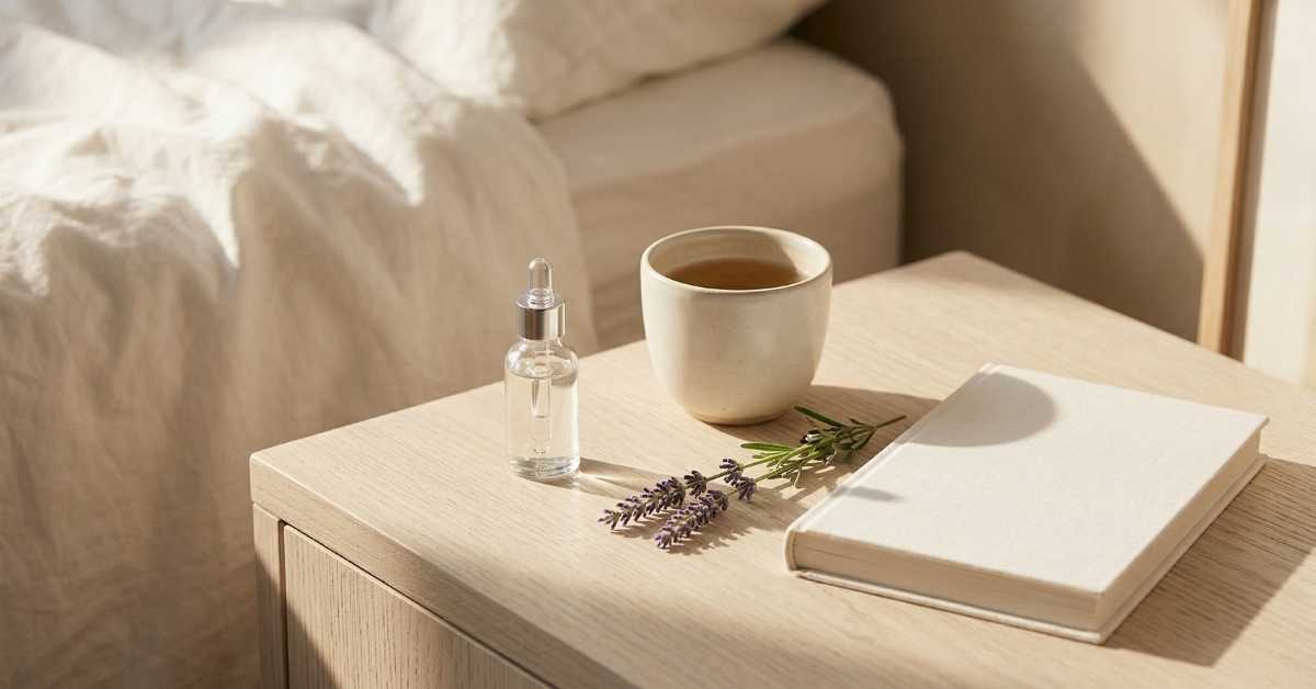 Bedside table with skincare products, a mug and a book — menopause lubricant guide from Blossom Pelvic Health
