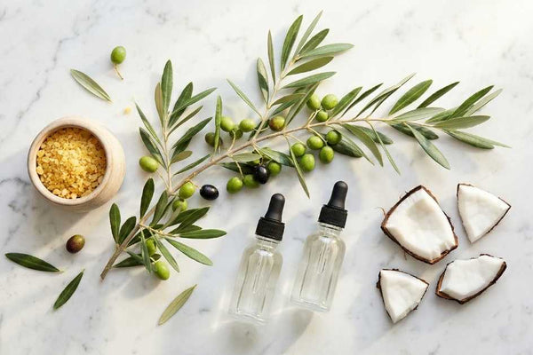 Olive branch, coconut halves and small dropper bottles on a marble surface, representing natural lubricant ingredients