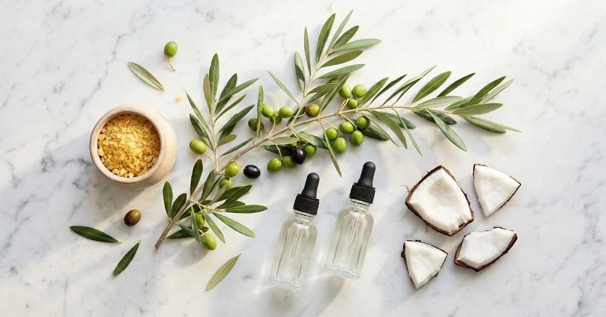 Olive branch, coconut halves and small dropper bottles on a marble surface, representing natural lubricant ingredients