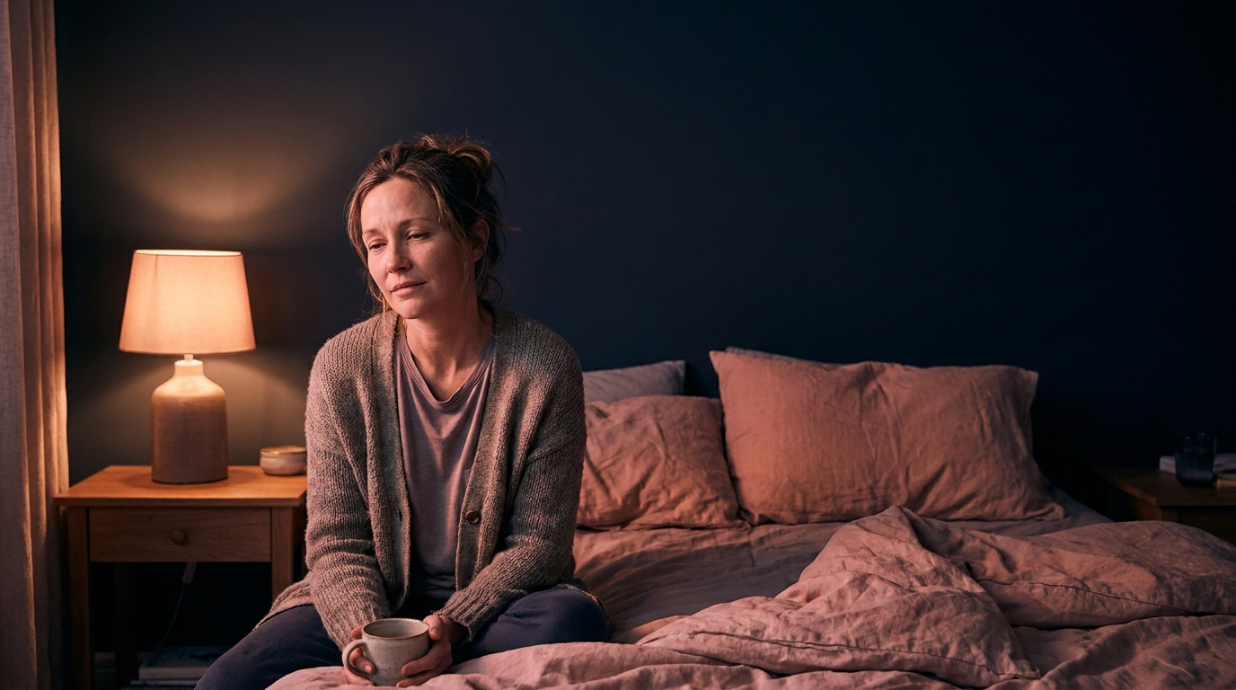 Woman sitting on the edge of her bed by a warm lamp at night holding a mug, awake with nocturia