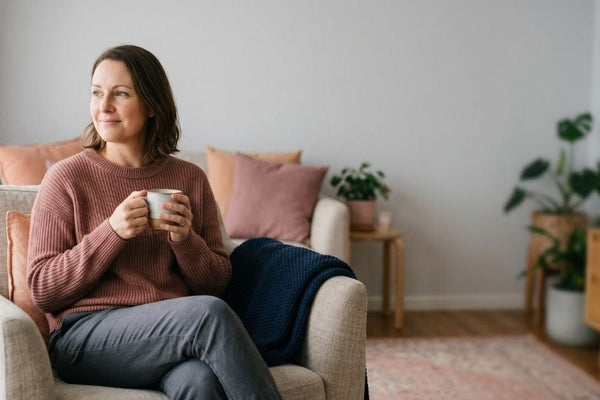 Woman relaxing calmly at home with a cup of tea, representing living well with overactive bladder symptoms