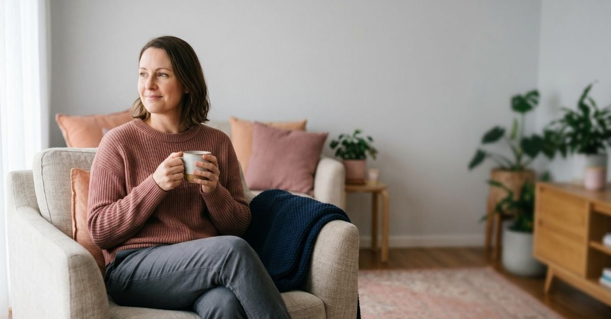 Woman relaxing calmly at home with a cup of tea, representing living well with overactive bladder symptoms