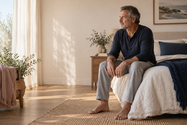 A man in his late fifties sitting on the edge of his bed in morning window light.