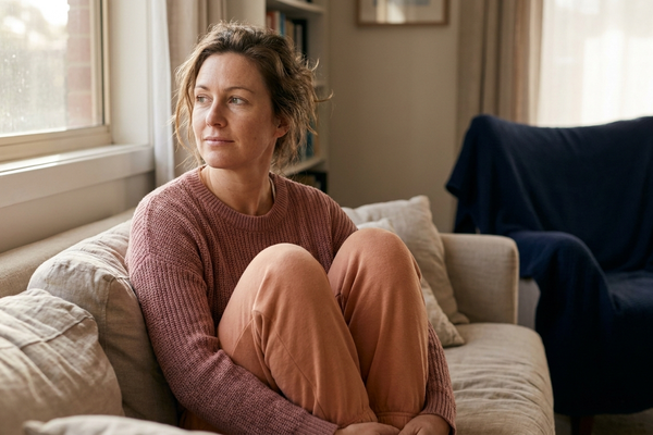 Woman resting on her sofa with knees drawn up by a window at home, reflecting on pelvic pain symptoms