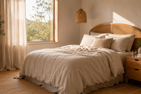 Calm, softly lit Australian bedroom with linen bedding, a glass of water and a folded towel on a wooden bedside table, a private and unhurried at-home setting for men's pelvic health