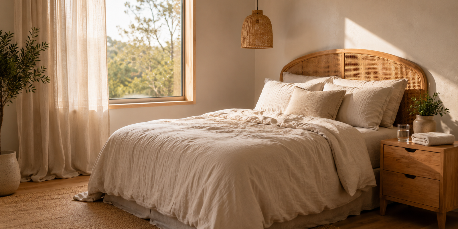 Calm, softly lit Australian bedroom with linen bedding, a glass of water and a folded towel on a wooden bedside table, a private and unhurried at-home setting for men's pelvic health
