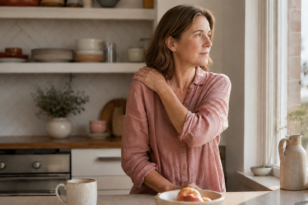Woman in her forties standing at a sunlit kitchen bench, reflecting on perimenopause changes to libido and sensation