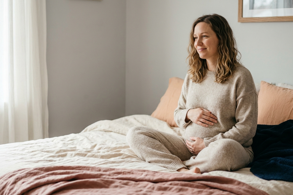 Pregnant woman resting calmly on a bed in soft natural light with her hands on her bump, preparing for birth
