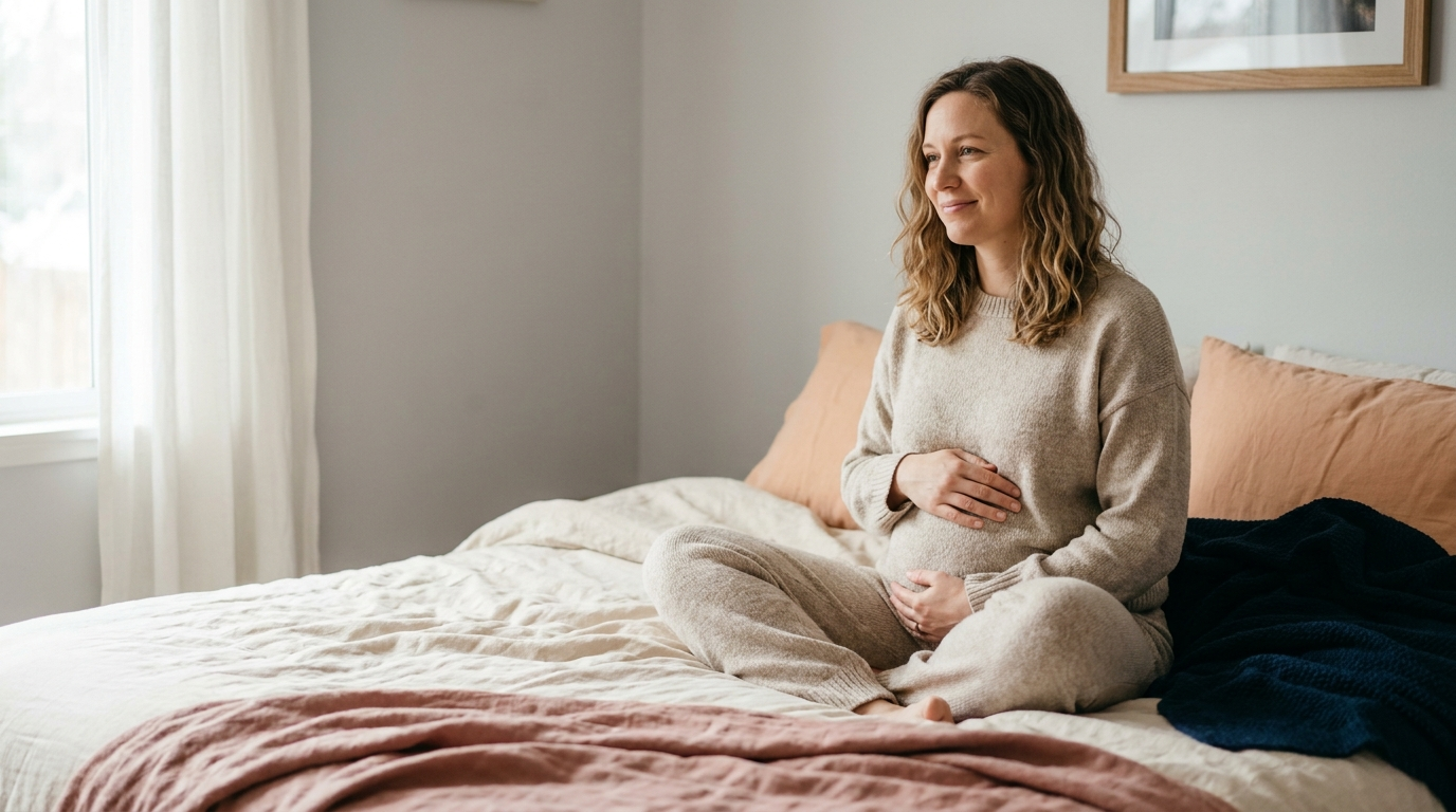 Pregnant woman resting calmly on a bed in soft natural light with her hands on her bump, preparing for birth
