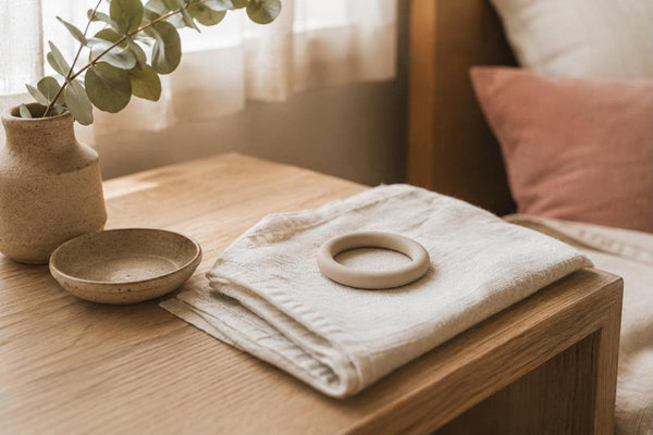 Small silicone ring pessary resting on folded linen beside a ceramic dish and eucalyptus on a timber bedside table