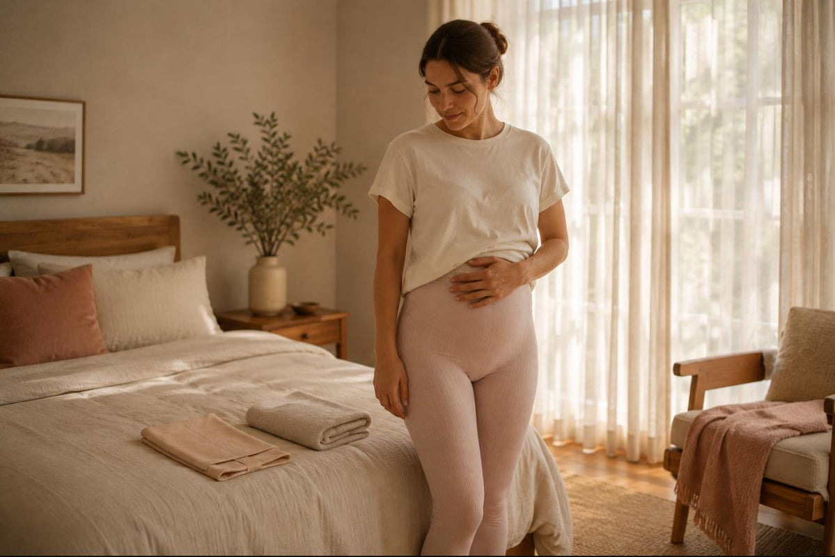 Woman six weeks postpartum at home in high-waisted compression leggings, a folded postpartum support band on the bed beside her