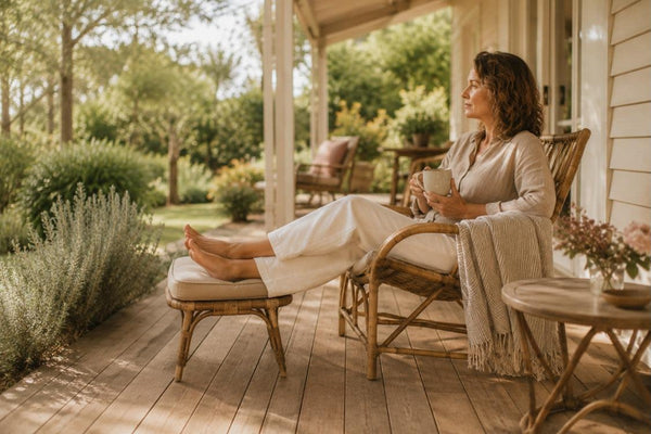 Woman sitting on a sunlit Australian verandah with a cup of tea and her feet up, unhurried, watchful waiting with a prolapse