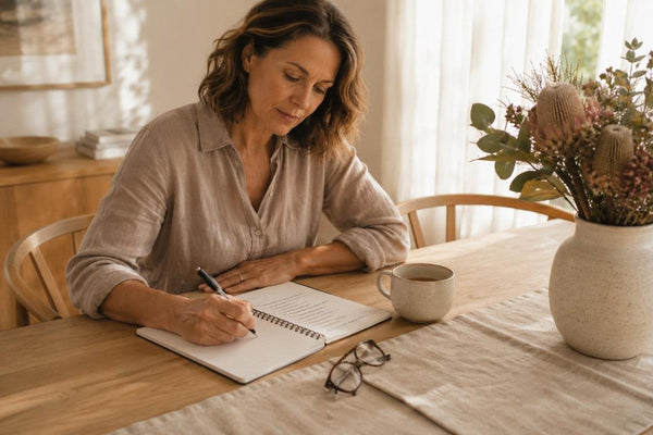 Woman at a timber dining table in morning light writing a list of questions in a notebook before a prolapse surgery consult